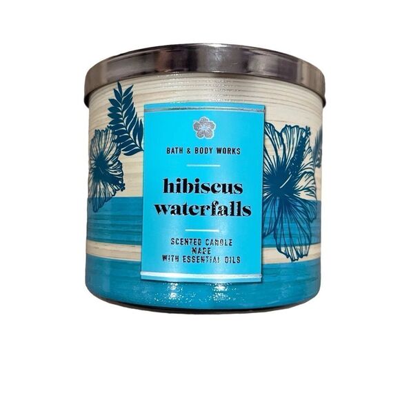 NWT Bath and Body Works Hibiscus‎ Waterfalls 3 Wick Candle Essential Oils RARE - Picture 1 of 9